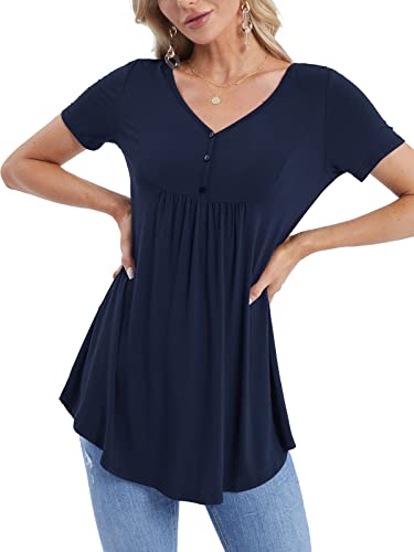 Baishenggt Women's V Neck Buttons Pleated Flared Comfy Tunic Tops Navy Xl #TOP3