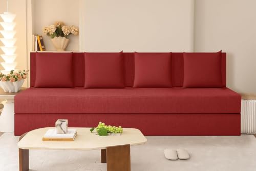 Image of Rosebell Lightweight Easy 4-Person Sofa Cum Bed Jute Fabric- Washable Cover- Including Cushion - Size 6' X 6' Ft | Color Red | Perfect for Home & Office