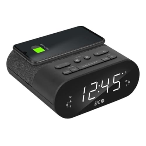 SPC Frodi QI Radio Despertador con Carga inalámbrica para tu Smartphone con 2 alarmas y 10 memorias para Tus emisoras de Radio, Negro
