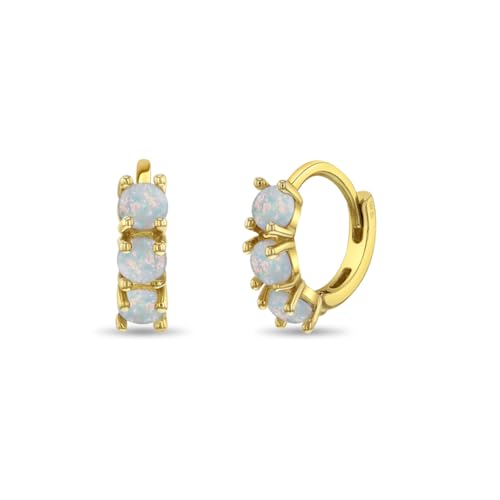 14k Yellow Gold Small Prong Set Simulated Opal Hoop Earrings For Babies and Toddler Girls 7mm - Little Girls Sparkling Hoop Earrings - Dainty Hoop Earrings For Children
