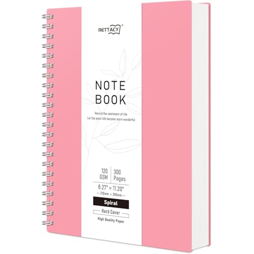 RETTACY A4 Spiral Blanko Notizbuch Drahtgebundenes Skizzenbuch 300 Seiten/150 Blätter zum Zeichnen 120gsm Kunststoff PVC Hardcover zum Schreiben Frauen Männer Schule 21.5 x 27.9cm - Rosa