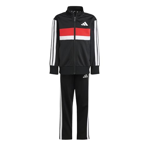 adidas Unisex Kinder SEASONAL ESSENTIALS TIBERIO 3 STRIPES TRICOT TRACKSUIT, black/white/pure ruby, 7-8 Years
