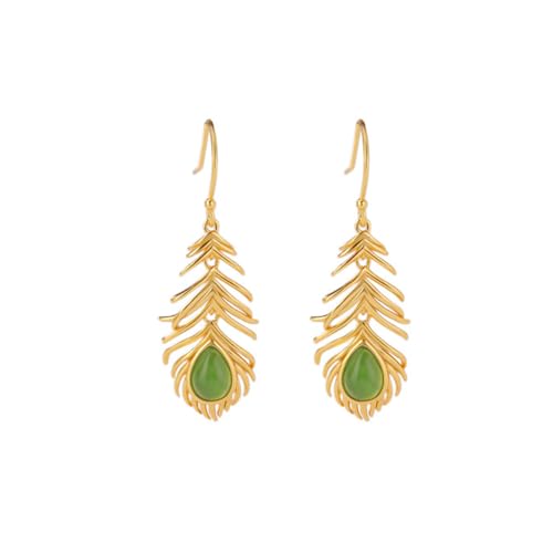 Boucles d'oreilles en Argent Sterling Plaqué Or, Bijou Pendant en Jaspe avec Plumes
