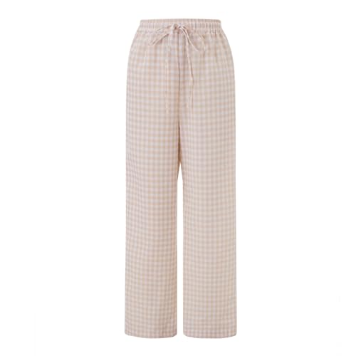 Women's Summer Casual Pants Plaid Drawstring High Waist Straight Leg Trousers2