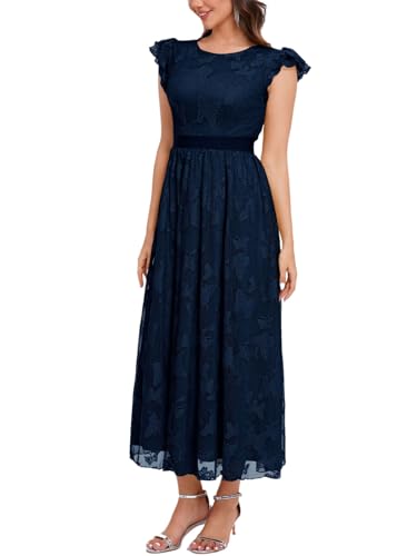 Image of Women's Casual Tulle Midi Dress Ruffle Sleeve Crewneck Lace Flowy Dresses Party Wedding Guest Sundress