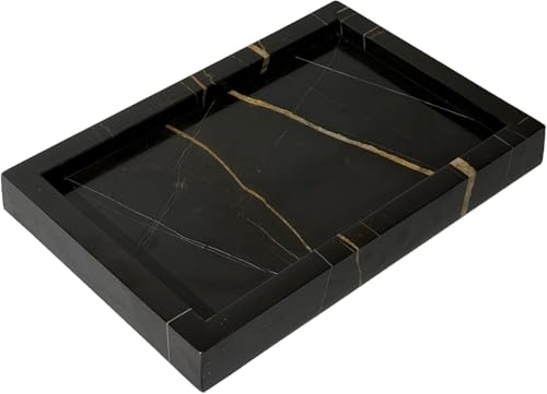 Black Marble Tray,100% Natural Marble Tray for Kitchen Counter,Bathroom,Vanity,Coffee Table,Non-Resin/Non-Ceramic (Black and Gold,Rectangle 12
