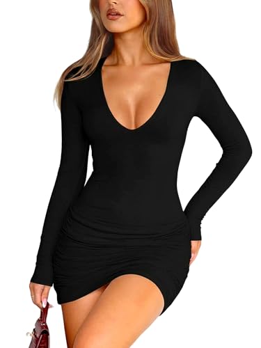 Navneet Damen Minikleid Bodycon Kleid Langarm Elegant V Ausschnitt Gerafft Sexy Kleider Cocktail Partykleid Herbstkleid Schwarz M