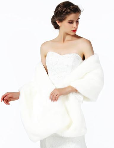 Ursumy Women's Wedding Faux Fur Wraps Bridal Shawl Fur Stole Fur Scarf with Rhinestones Brooch for Bride and Bridesmaids2