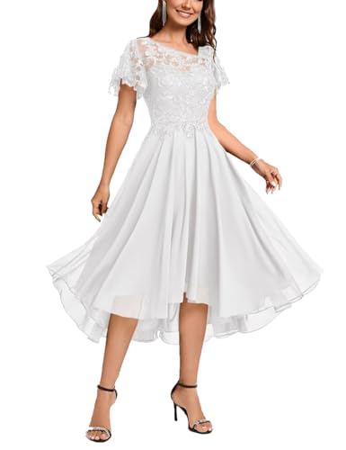Lace Mother Bride Dresses Tea Length Chiffon Formal Dress Asymmetrical Cocktail Party Gowns with Ruffle Short Sleeve RO64