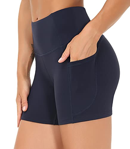 Image of THE GYM PEOPLE High Waist Yoga Shorts for Women's Tummy Control Fitness Athletic Workout Running Shorts with Deep Pockets