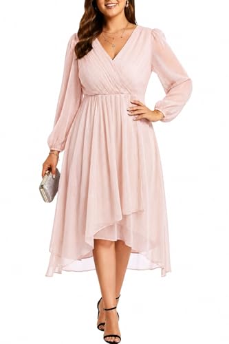 Image of Talisea Plus Size Cocktail Dress - Formal Wedding Guest Fall Long Sleeve A Line Pleated V Neck Midi Dresses for Curvy Women