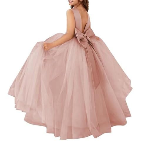 MCieloLuna Backless Bow-Knot Flower Girl Dresses for Wedding Birthday Party First Communion Dress Tulle Princess Pageant Ball Gowns Dusty Rose Size 8 Cover
