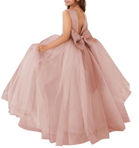 MCieloLuna Flower Girls Satin Tulle Princess Pageant Dress for Wedding Kids Pearls Prom Ball Gowns with Bow-Knot