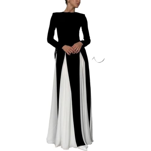 Women's Black and White Round Neck Long Sleeve Maxi Dress 2025 Winter Elegant Formal Evening Gown Daily Dress