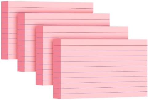 Pink Index Cards 3x5, 200 Pack, Ruled Index Cards, Flash Cards for Studying, Heavy Note Cards for Office, Home and School, 4 Packs of 50