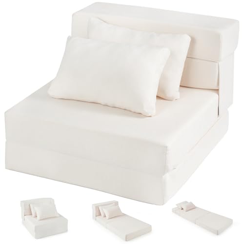 RELAX4LIFE Chauffeuse Convertible 1 Place en Tissu Chenille, Canapé-Lit Pliable 3-en-1 avec 2 Coussins, Fauteuil Convertible Matelas de Sol pour Salon, Bureau...