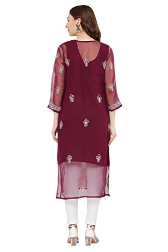 Image of FAWOMENT Women's Designer Straight Georgette Hand Embroidered Lucknowi Chikankari Kurta Designed in Side Jhaar Pattern Alongwith Slip