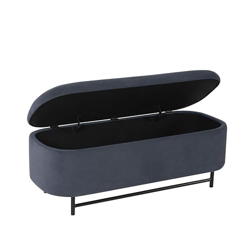 HomePop Ellipse Modern Storage Bench with Metal Legs |Homepop Home Décor|Bench with Storage for Living Room & Bedroom - Steel Blue Velvet