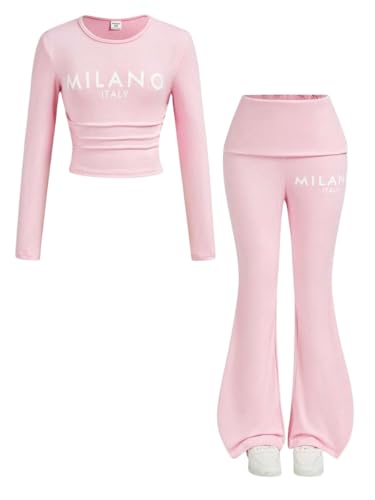 Image of OLMRJKD Girls 2 Piece Outfits Long Sleeve Letter Printed Sweatshirt & Flared Pants Fall Clothing Set Size 7-14 Years