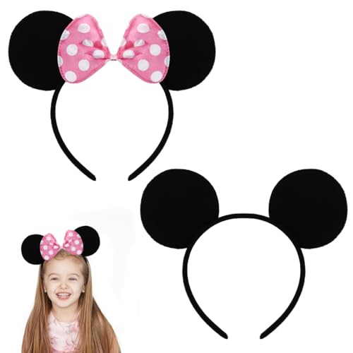 Faixa de rato com orelhas, orelhas de rato em preto, orelhas de rato com laço rosa e bolinhas brancas, diadema com laço de orelhas de rato para carnaval Halloween cosplay festa de aniversário