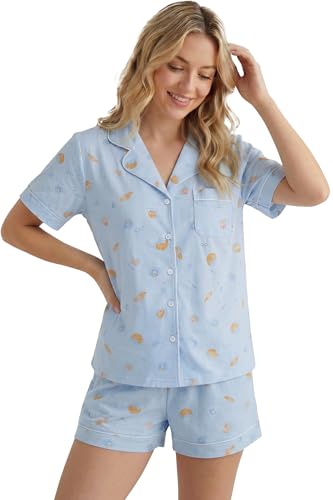 Image of LUBOT 100% Cotton Pajamas for Women 2 Piece PJ Set Button-Down Soft Knit Short Sleeve Summer Sleepwear Loungewear XS-XXL