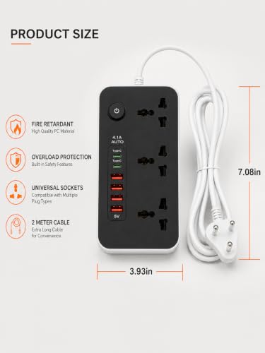Image of 3 Universal Power Sockets Extension Board with 4 USB Ports, 2 Type-C PD Ports, Power Switch & 2 Meter Heavy Duty Cord, Multi Plug Power Strip