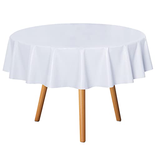 Image of sancua 100% Waterproof Round PVC Tablecloth - 60 Inch - Oil Proof Spill Proof Vinyl Table Cloth, Wipe Clean Table Cover for Dining Tables, Buffet Parties and Camping, White