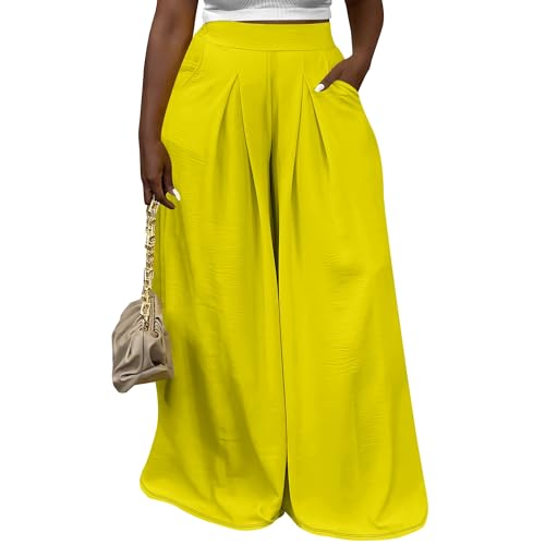 Casual Loose High Waist Wide Leg Pants for Women Solid Semi Formal Flowy Palazzo Pants Lounge Trousers with Pockets