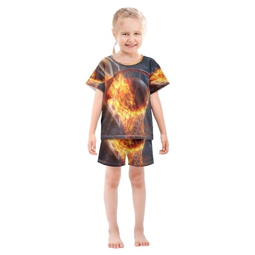 ALAZA Basketball Shot Fire Pajamas Set Short Sleeve Cotton Sleepwear Summer Pjs 2 Piece 5-14Y3