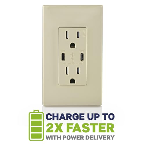 Image of Leviton 30W (6A) USB Dual Type-C /C Power Delivery In-Wall Charger with 15A Tamper-Resistant Outlet, USB Charger for Smartphones, Tablets, Laptops, T5635-I, Ivory