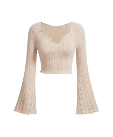 Image of V-Neck Notched Flared Sleeve Top for Women | Stylish Polyester Long Sleeve Blouse for Casual Wear 450