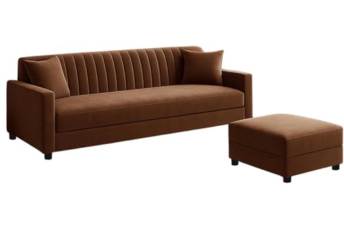 Image of Three Seater Wooden Sofa Set with Ottoman, Soft Velvet Fabric, Stylish Compact Design for Living Room, Office, Guest Room Seating - Brown Finish