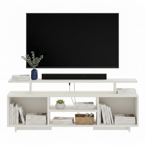 Image of FURNEASER Eskido Engineered Wood TV Entertainment Unit, Floor Standing TV Cabinet with Storage Shelves for Living Room, TV Stand for 32,43,50 & 55 Inch TV (Exotic Teak & White) (White New)