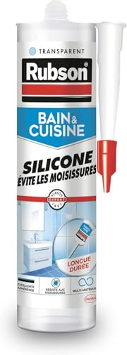 Rubson – Mastic Bain & Cuisine Silicone Anti-Moisissures Transparent (cartouche de 280 ml) – Mastic sanitaire à base de silicone – Étanche renforcé en...
