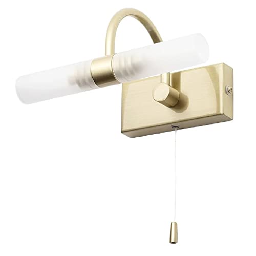 Britalia Satin Brass Bathroom Vintage Switched Swan Neck Wall Light with Double Frosted Shades | 20cm Width | 2 x G9 Capsule Lamps Required | IP44 | 240V UK | Picture & Mirror Light