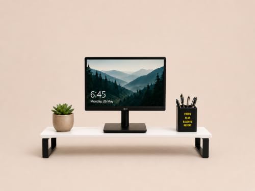 Image of Wooden Monitor Stand with Storage Organizer For Desk, Tables, Office, Home, Studio, Study Table | Desktop Ergonomic Monitor Stand Riser (White, Large (with metal legs))