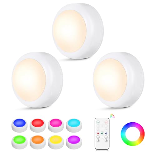Ahuledlight LED Puck Lights with Remote Control, 16 Color Changing Under Cabinet Lighting with Dimmer & Timer, AAA Battery Operated,Under for Closet Bedroom Kitchen, Stair (3 Pack White)