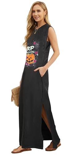 Image of GRECERELLE 2026 Women Year-Round Casual Round Neck Loose Split Wrinkle-Free Long Maxi Vacation Dress with Pockets (XXS-4XL)