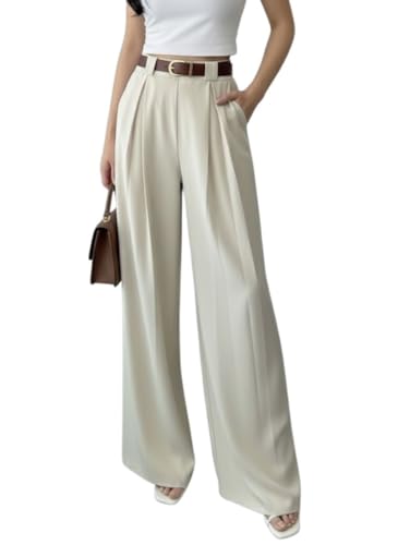 Image of SMOWKLY Women's Korean Style Loose Fit Wide Leg Trousers | Cotton Blend Pleated Palazzo Pants with Elastic Back Waist | High Waist Office & Casual Wear | Stretchable & Breathable