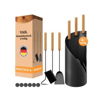 BLACK OAK Kaminbesteck Vail, 4-teilig, Metall Anthrazit mit Holzgriffen, 62 x 21 cm, Besen, Schaufel, Schürhaken und Ständer