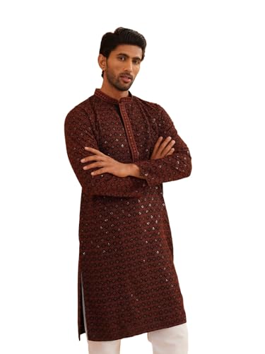 Image of SOJANYA Men's Coffee Brown Cotton Blend Kurta with Intricate Embroidery & Subtle Sequin Work
