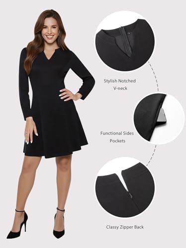 Image of YIOYOLA Womens Elegant Classy A-Line V Neck Mini Business Casual Work Dresses Party Cocktail Short Dress with Pockets
