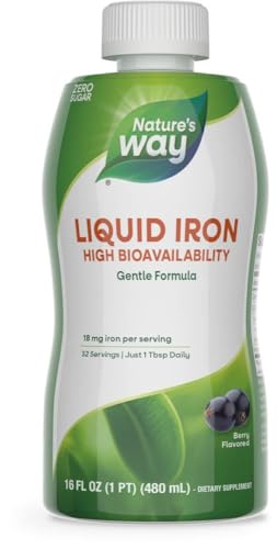 Nature’s Way Liquid Iron Supplement, 18 mg per Serving, Gentle Glycinate Iron, Fast-Absorbing Liquid, Iron for Red Blood Cell Support and Energy Metabolism*, No Sugar Added, Berry Flavored, 16 Fl Oz