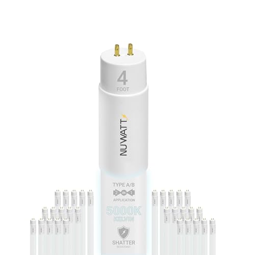 NuWatt 30 Pack 4 FT LED T8 Tube Light T10 T12 Hybrid Type A+B 5000K Daylight 18W High Brightness 2200LM Dimmable Plug & Play OR Ballast Bypass Fluorescent Replacement Single or Double Ended UL