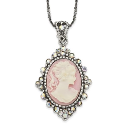 Diamond2Deal Sterling Silver Antiqued Pink Resin Cameo Crystal Necklace2