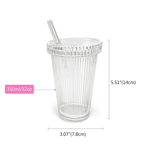 Lioong Crystal Stripe Glass Cup Juice Bottles Set Of 2,Mason Jar With Lip And Straw,Wide Mouth Water Drinking Cups For Juice Milk Coffee #TOP4