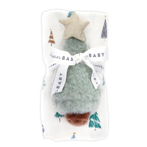 Stephan Baby Christmas Blanket & Rattle Set - Swaddle with Plush Toy Gift for Newborn Infant Baby 2-Piece Trees