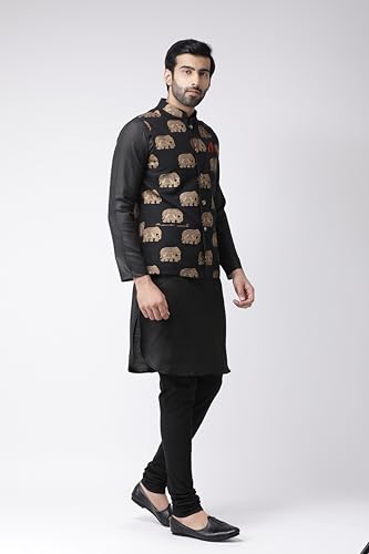 Image of KISAH Men's Black Printed Cotton Nehru Jacket- Traditional Indian Waistcoat for Weddings & Festive Occasions