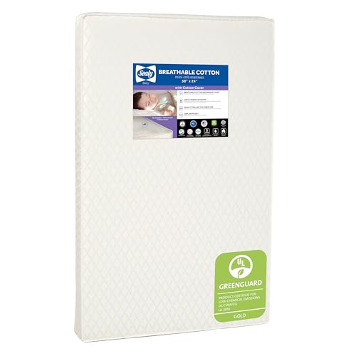 Image of Sealy Baby Breathable Waterproof Cotton Portable Mini Crib Mattress, Premium Sustainable Non Toxic Core, Hypoallergenic, GREENGUARD Gold Certified, Safety & Quality Tested, Made in USA, 38x24