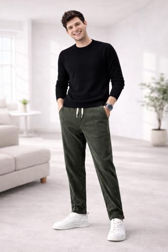 Image of Men's Comfortable Corduroy Pants | Relaxed Fit Stretch Waist Trousers for Everyday Wear Cream